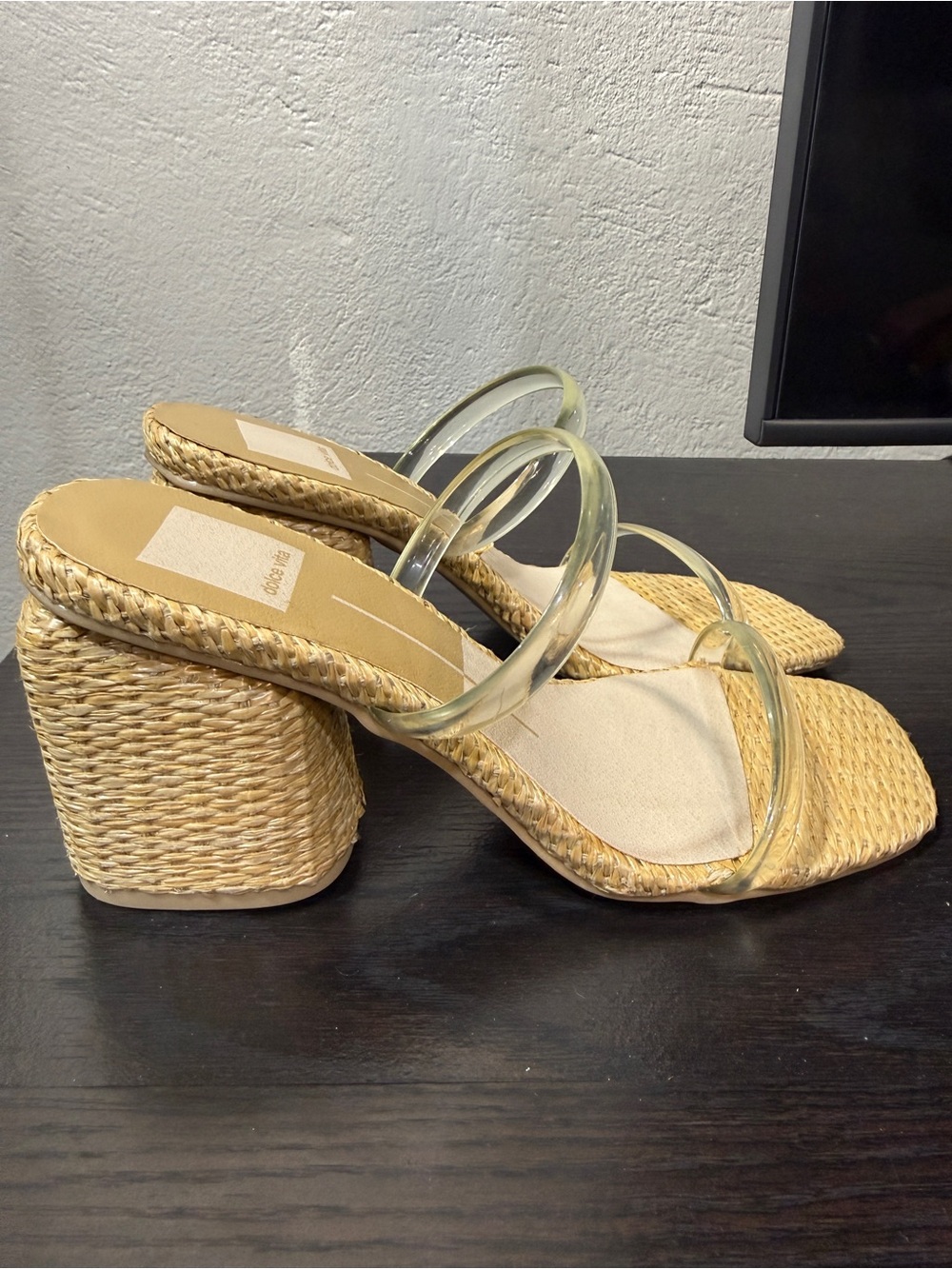 Dolce Vita Raffia Clear Strap Block Heel Sandals Size 6.5 Neutral Resort Chic - Picture 2 of 8